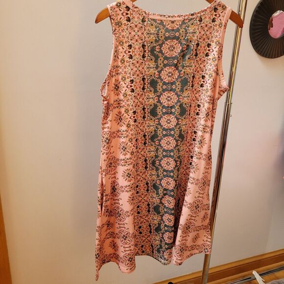Wmns Sleeveless Jersey Pink Floral Dress Pockets Sz L - Picture 3 of 7